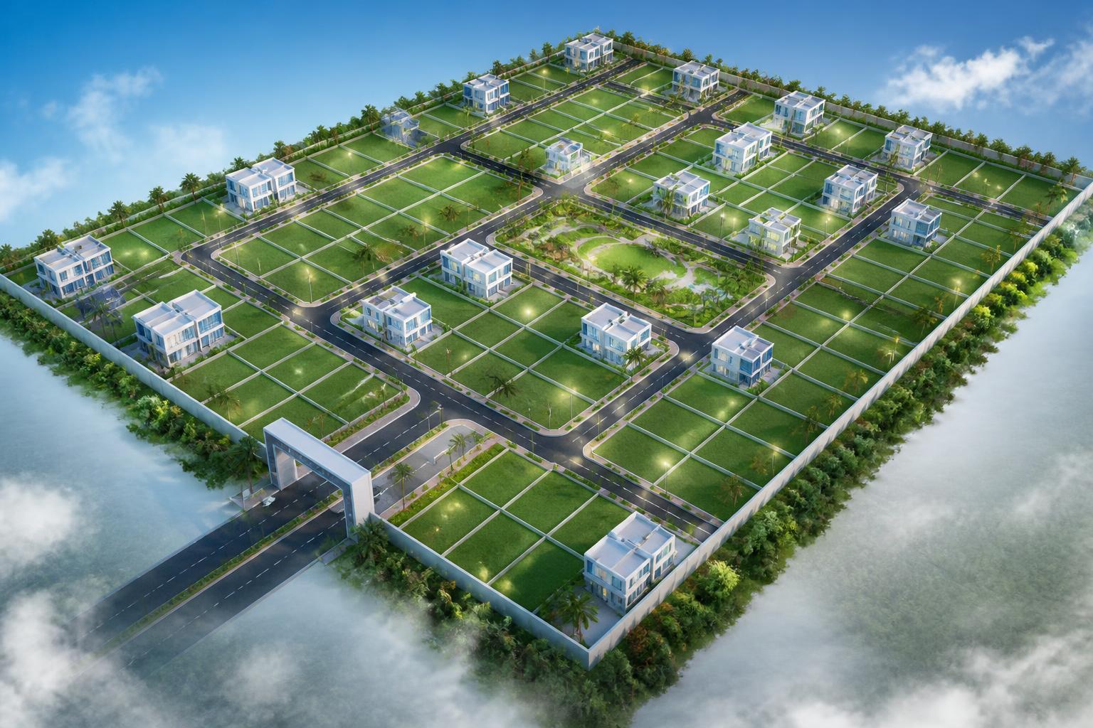 3D aerial view of the Jay Enclave gated plotted layout in Thiruvallur with villas, roads and parks