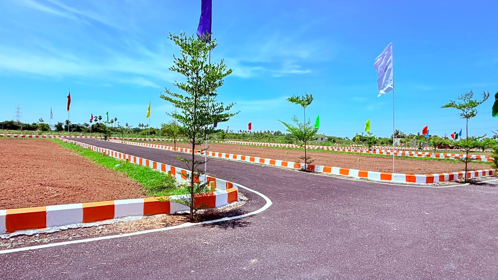 Corner junction of internal roads with landscaped saplings