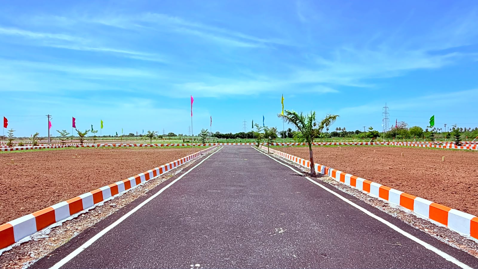 Wide internal road with kerb-marked plots on both sides